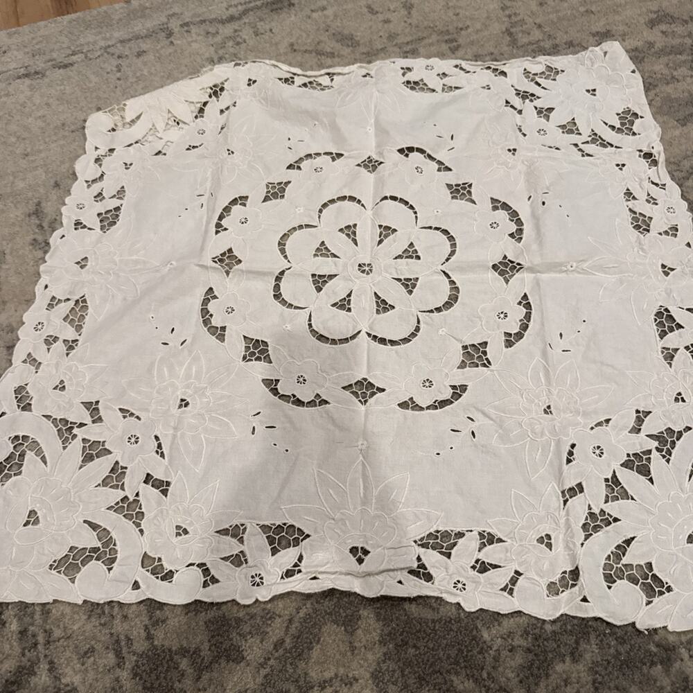 Vintage White Handmade Cutwork Embroidered Table Topper 31x30 Floral 100% Cotton